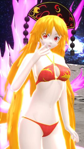 1girls 2023 3d bikini cosmic_background crown deity energy female golden_hair hati_yukkuri_mmd headwear junko_(touhou) legacy_of_lunatic_kingdom light-skinned_female light_skin long-haired_female looking_at_viewer mikumikudance mmd moon outside red_bikini red_eyes solo_female solo_focus space spirit stars swimsuit tails touhou uncanny_valley