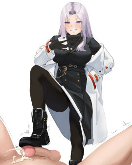 1boy 1girls azur_lane balls black_dress black_footwear black_gloves blue_eyes blush boot_fetish bootjob boots breasts cellphone closed_eyes clothed_female_nude_male coat commission commissioner_upload cum cum_on_body dress eagle_union_(azur_lane) ejaculation erection female femdom footjob gloves grey_hair grin hair_intakes hand_in_pocket hkch905_(hikacchi) holding holding_phone large_breasts light-skinned_female light-skinned_male light_skin long_hair long_sleeves male malesub matching_hair/eyes motion_lines naughty_face official_alternate_costume pantyhose penis phone photographic_proof shoejob signature simple_background sitting smartphone smile smirk solo_focus spread_legs stepped_on stepping_on_penis taking_picture teeth testicles trembling uniform white_background white_coat yorktown_(azur_lane) yorktown_(saintly_wings)_(azur_lane)