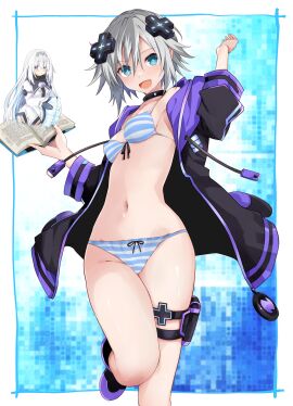 2d 2d_(artwork) adult_neptune arusu_maria ass belly_button bikini blue_eyes book breasts cosplay date_a_live female honjou_nia light-skinned_female light_skin looking_at_viewer medium_breasts neptunia_(series) short_hair solo solo_female solo_focus thick_thighs thighs white_hair