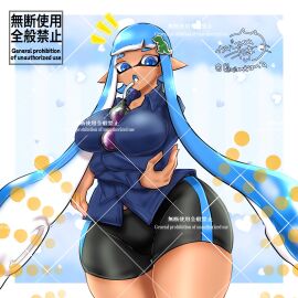 1girls blue_eyes blue_hair blue_shirt breasts drink_on_breasts female gbeimtama hair_ornament inkling inkling_girl jules_(carranza) large_breasts long_hair looking_at_viewer nintendo open_mouth pointy_ears shirt shorts solo splatoon splatoon_(series) splatoon_3 splatoon_oc tentacle_hair thick_thighs thighs