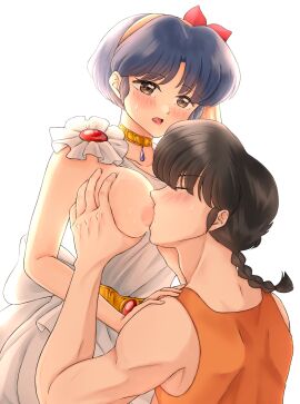 1boy akane_tendo big_breasts blue_hair blush blush_lines braid braided_ponytail breast_grab breast_hold breast_sucking breasts clothing dress female firm_breasts grabbing_another's_breast highres human ibispaint_(medium) large_breasts male one_breast_out pale_skin ranma-kun ranma_1/2 ranma_saotome romantic_couple short_hair simple_background straight white_background white_dress yuzukawa_ryo