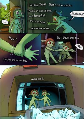 absurd_res arm_grab comic duo english_text female genitals goblin greenbuncafe hi_res hospital humanoid inner_monologue inside male male/female nude penis post-apocalyptic screaming shocked text thinking