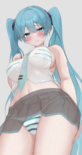 1girls 2d 2d_(artwork) big_breasts blue_eyes blue_hair blush blushing_at_viewer breasts female hatsune_miku kawasuru large_breasts light-skinned_female light_skin long_hair looking_at_viewer see-through see-through_clothing solo solo_female striped_bra striped_panties thick_thighs thighs twintails underboob underwear viewed_from_below vocaloid