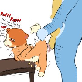 anthro anthro_on_anthro bandit_(bluey) bandit_heeler bingo_(bluey) bingo_heeler bluey_(series) bluey_(show) breasts breasts_out cub cum father_and_daughter female female_focus furry incest incest_rape non_consensual sobblanket stomach_bulge tail_grab tears tiny_breasts young