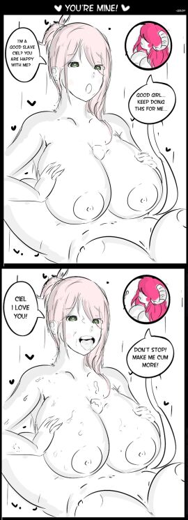 1futa 1girls artist_name balls big_breasts breasts demon dialogue english_text erection female femsub futa_on_female futadom futanari g-nsfw heart-shaped_pupils huge_balls human humanoid humanoid_penis intersex nipples nude original_character paizuri penis red_hair sitting sketch solo_focus source_request spot_color text