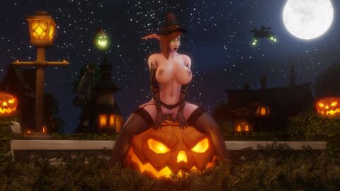 1girls 3d big_breasts blizzard_entertainment breasts brown_hair female female_only green_eyes halloween huge_breasts jack-o'-lantern lunnaru masturbation morilymory night_elf original_character pubic_tattoo purple_skin pussy solo spread_legs stockings tattoo thick_thighs vaginal_insertion vaginal_penetration voluptuous voluptuous_female warcraft wide_hips witch_hat world_of_warcraft