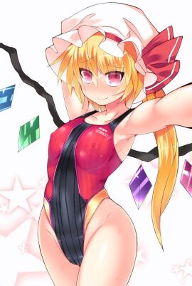 1girls 2021 arms_up blonde_hair blush breasts breasts_visible_through_clothing embarrassed female flandre_scarlet headwear hisui_(stapspats) leotard long_hair looking_at_viewer ponytail red_eyes shy shy_smile side_ponytail small_breasts smile smiling solo standing swimsuit thighs touhou vampire wings