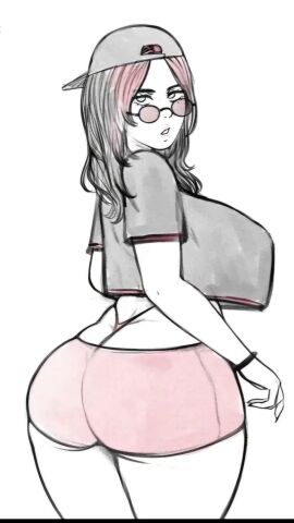 1girls alternate_version_available ass billie_eilish breasts female huge_breasts large_ass nowajoestar pink_shorts short_shorts shorts solo thong white_background