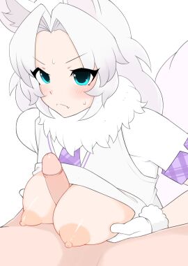 1boy 1girls absurdres animal_ears blue_eyes blush breasts closed_mouth clothes_lift fang_out female gloves highres kemono_friends large_breasts light-skinned_female light-skinned_male light_skin long_hair male necktie nipples oerba_yun_fang ollie_(ollie_stratos) paizuri parted_bangs penis plaid_necktie puffy_nipples purple_necktie shirt shirt_lift short_sleeves simple_background solo_focus straight tail tundra_wolf_(kemono_friends) uncensored v-shaped_eyebrows white_background white_gloves white_hair wolf_ears wolf_girl wolf_tail