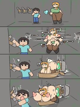 2d 2d_(artwork) alex_(minecraft) big_breasts huge_breasts minecraft minecraft_sheep_fucker_machine piston_(minecraft) shovocklley steve_(minecraft) thick_thighs