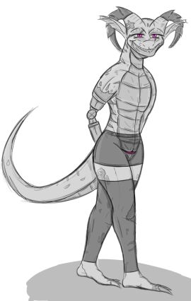 animal_genitalia anthro bottomwear claws cloaca clothing delirioussmold disability female genitals greyscale hands_behind_back hi_res horizontal_cloaca horn kobold leggings legwear monochrome pink_eyes princess_cerys prosthetic scales scalie scar scars_all_over simple_background skirt solo standing tail translucent translucent_clothing white_background