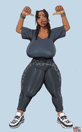 1futa 2d 2d_(artwork) areola_bulge artist_name balls big_bulge black_and_white_sneakers black_leggings black_t-shirt bracelet braided_hair braided_twintails breasts brown_eyes brown_hair bulge bulge_down_leg clothed clothed_futa clothing dark-skinned_futa dark_skin digital_drawing_(artwork) digital_media_(artwork) fully_clothed futa_only futanari huge_breasts huge_bulge huge_cock human intersex large_breasts leggings lewdcactus looking_at_viewer matching_hair_and_eye_color munroe_(youngcloudyj) namespace oc original_character penis penis_shaped_bulge sharp_teeth sneakers solo solo_futa source_request standing t-shirt tongue tongue_out white_sneakers