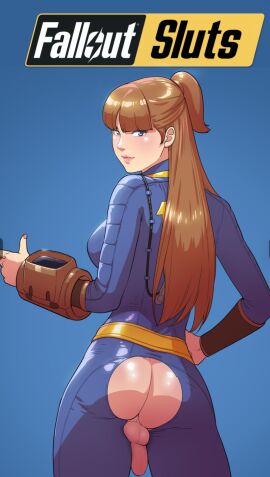 1futa 2024 back back_view balls bangs blue_eyes brown_hair clothed clothing crotchless easy_access erection fallout from_behind futanari futasub human intersex july_(tekuho) light_skin long_hair looking_back male mostly_clothed penis ponytail shaved_crotch shaved_pubes smooth_balls smooth_penis solo standing tekuho vault_boy vault_suit