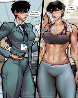 1girls abs ayaki ayaki777 black_hair breasts english_text female fit fit_female fully_clothed gym gym_clothes id_card midriff muscle_mommy muscles muscular muscular_female office_lady original pants short_hair smile solo sports_bra sweat tan_body tan_skin text_bubble tomboy tomoka_(ayaki) towel yoga_pants