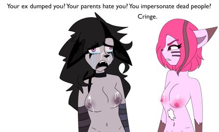 anonymous_artist armwear artist black_hair breasts collar crying cum_on_breasts cum_on_face degradation degradation_text edgy female hair pink_hair pink_nipples shaming shiny shiny_breasts short_hair temperflash