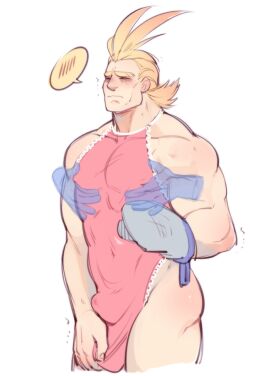 1boy all_might apron apron_only bara blonde_hair blush bulge closed_eyes disembodied_hands embarrassed_nude_male erect_penis erection_under_apron male male_focus male_only mature_male muscles muscular muscular_male my_hero_academia oven_mitt penis shoguru shy_expression solo superhero toshinori_yagi trying_to_cover_up yaoi
