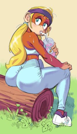 1girls anthro ass big_ass blonde_hair clothed cloudman donkey_kong_(series) drinking female female_only fully_clothed headband looking_at_viewer looking_back no_sex non-nude pants rear_view sfw shoes solo sports_bra sweat thick_ass tiny_kong