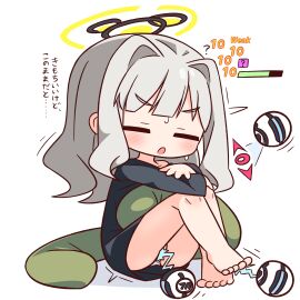 :o ? barefoot black_shirt blue_archive blunt_bangs blush closed_eyes commentary_request female full_body grey_hair halo hana_kazari hare_(blue_archive) highres knees_up long_hair long_sleeves open_mouth panties shirt simple_background sitting solo translation_request underwear white_background white_panties yellow_halo