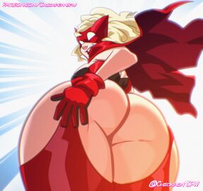 1girls 2024 ass big_ass big_butt blonde_hair cape capelet chickpea color colored crimson_terror digital_drawing_(artwork) expressive eyemask fat_ass female female_only gloves glowing hand_on_ass hand_on_own_ass huge_ass huge_butt light-skinned_female light_skin looking_at_viewer looking_back looking_back_at_viewer looking_down looking_down_at_viewer looking_over_shoulder mask masked_female massive_ass original original_character presenting_hindquarters sfw simple_background smile superhero_costume supervillain supervillain_costume supervillainess villain villainess white_skin worm's-eye_view