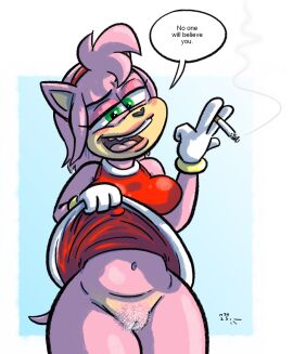 accessory amy_rose anthro bracelet cigarette clothed clothing dialogue dress eulipotyphlan female genitals gloves green_eyes hair hair_accessory hairband handwear hedgehog hi_res jewelry long_hair mammal mr3radio navel no_underwear pink_body pubes pussy sega smile smug smug_face solo sonic_(series) sonic_the_hedgehog_(series) speech_bubble tail