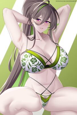 1girls alternate_version_available armpits arms_behind_head arms_up aslindsamure bikini black_hair blush breasts brown_hair female goddess_of_victory:_nikke green_hair guilty_(nikke) guilty_(wave_of_disbelief)_(nikke) hairy hairy_pussy hands_behind_head hi_res highres huge_breasts large_breasts legs legs_together light-skinned_female light_skin lips lipstick long_hair multicolored_hair navel open_mouth pale-skinned_female pale_skin ponytail pubic_hair purple_eyes pussy simple_background smile smiling smiling_at_viewer solo solo_female suggestive suggestive_look suggestive_pose swimsuit thick_thighs thighs