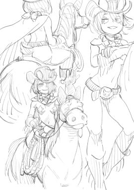 1girls ass belt boots breasts casual colo exposed_torso female footwear gloves hair_over_one_eye handwear headwear horse horse_riding human jane_abigail_mori monochrome multiple_views nude pale_skin pasties rope sitting sketch star_pasties tactical_nudity