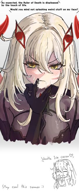 1girls angry big_breasts blush breasts cum cum_on_face disgusted english_text female female_focus female_only flower_in_eye ice_cream ice_cream_cone karome light-skinned_female light_skin long_hair nahida_(genshin_impact) ronova_(genshin_impact) sole_female text white_hair yellow_eyes
