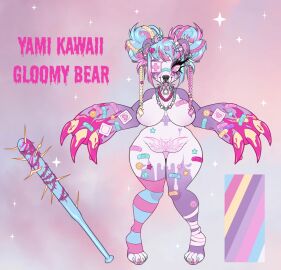 2022 accessory aesthetic alternative_fashion anthro barely_visible_genitalia barely_visible_pussy baseball_bat bat_(object) bear bodily_fluids braided_hair breasts chain_necklace choker claws color_swatch colored_blood decora english_text eye_patch eyelashes eyewear fan_character featureless_breasts female genitals giant_panda gloomy_bear gloomy_the_naughty_grizzly gurokawa hair hair_accessory hairclip hi_res j-fashion jewelry mammal menhera model_sheet multicolored_hair necklace pastel_theme pink_blood pink_eyes pubic_tattoo pussy red_cross solo sparklefur spookieghoulie text unusual_blood unusual_bodily_fluids