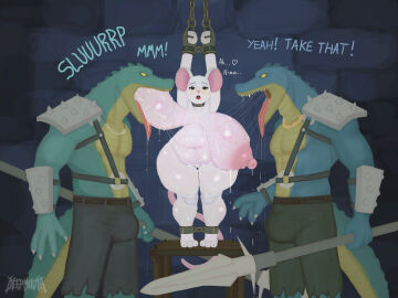 4:3 anthro antoinette_(deepmovth) armor belly big_belly big_breasts big_ears bite bite_mark bite_mark_on_breast biting biting_breast bodily_fluids bondage bottomwear bound breast_biting breast_in_mouth breast_play breast_sucking breastfeeding breastfeeding_animal breasts breasts_sucking brick_wall brown_eyes bulge chains chewing chewing_breast claw_marks claws clothing crocodile crocodilian deepmovth dialogue english_text fangs feet female feral_biting_breast feral_sucking_breast furniture glistening glistening_body gold_(metal) gold_chain green_body group hi_res huge_breasts interspecies legs_tied male male/female mammal melee_weapon monster_biting_breast monster_sucking_breast mouse murid murine open_mouth overweight overweight_female pants polearm predator/prey pupils questionable_consent raised_arms reptile rodent saliva saliva_string scalie sharp_teeth sharp_teeth_on_breast shoulder_armor slit_pupils spear straps sucking sucking_nipples sweat table tail teeth text tongue tongue_out tooth_necklace torn_bottomwear torn_clothing torn_pants trio wall_(structure) weapon white_body wide_hips yellow_eyes