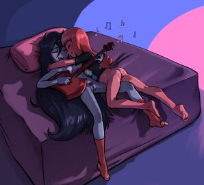 2024 2girls adventure_time ass bed black_hair blush breasts canon_couple cartoon_network cuddling fangs feet female female_focus female_only grey_body grey_skin guitar hugging laying_down long_hair lying_on_back marceline marceline_abadeer musical_note nipples pears_(artist) pink_body pink_hair pink_skin princess_bubblegum pubic_hair pussy shirt shirt_only socks socks_only vampire vampire_girl yuri