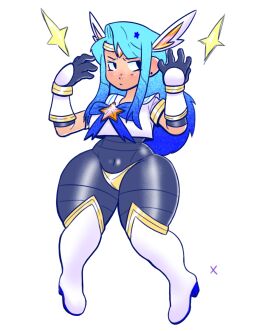 1girls ash_(pixiv-36864269) belly_button big_hips blue_hair bodysuit boots cameltoe crop_top curvy female gloves irelia_xan league_of_legends long_hair pussy riot_games skin_tight thick_thighs thong tiara wide_hips