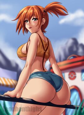 :p arm_support ass asymmetrical_hair bangs bare_arms bare_shoulders blue_sky blurry blush breasts cloud crop_top day denim denim_shorts female female_only from_behind gen_1_pokemon green_eyes gym_leader hair_between_eyes high_resolution hips huge_ass huge_breasts kasumi_(pokemon) large_ass large_breasts legs leonart leonhenthighs looking_at_viewer looking_back micro_shorts midriff misty_(pokemon) orange_hair outdoors pokemon pokemon_(anime) pokemon_(classic_anime) pokemon_rgby ponytail shiny shiny_hair shirt short_hair short_shorts shorts side_ponytail sideboob sitting sky sleeveless solo suspender_shorts suspenders tank_top thick_ass thick_thighs thighs tied_hair tongue tongue_out underboob wide_hips yellow_shirt yellow_tank_top
