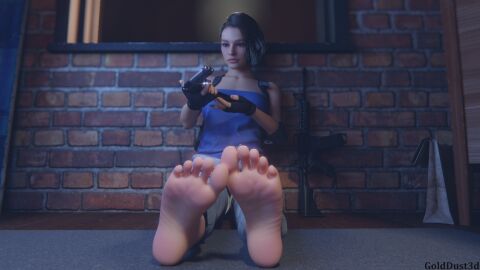 1girls 3d barefoot feet female foot_fetish foot_focus golddust3d gun holding_gun jill_valentine jill_valentine_(sasha_zotova) medium_hair pistol resident_evil resident_evil_3 resident_evil_3_remake soles solo solo_female toes