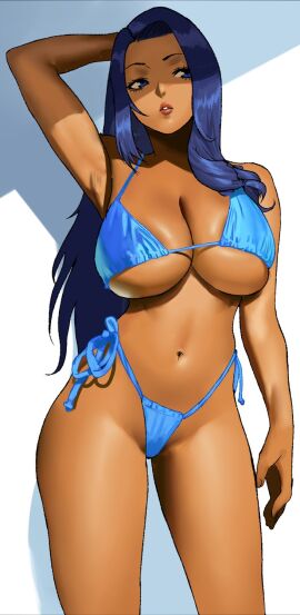 1girls 2025 2d_(artwork) armpit bikini blue_bikini blue_eyes_female blue_hair_female breasts cessa cleavage dark-skinned_female digital_media_(artwork) female hips long_hair_female marsha_thompson navel one_arm_behind_head one_arm_up swimsuit waist