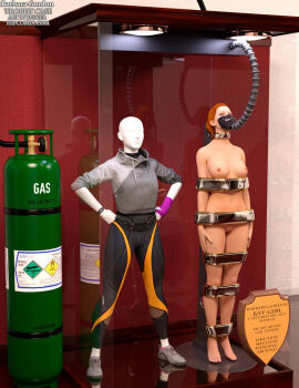 1girls 3d barbara_gordon barbara_gordon_(gotham_knights) batman_(series) bound bound_arms bound_legs completely_naked completely_nude dc dc_comics female female_only full_body gotham_knights mannequin nude nude_female solo superheroine thejpeger trophy_case unconscious unconscious_female