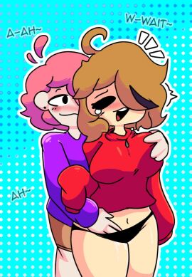 genderswap genderswap_(ftm) groping jade_(nutts) luna_(moonlightdrawinguwu) nutts original original_character pink_hair red_hoodie rule_63 short_hair