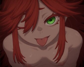 ;p ai_assisted breasts collarbone colored_eyelashes completely_nude female gachiakuta green_eyes hair_over_one_eye long_hair looking_at_viewer nipples nude one_eye_closed rawr69 red-haired_female red_hair ringed_eyes riyou_reaper small_breasts smile solo tongue tongue_out upper_body