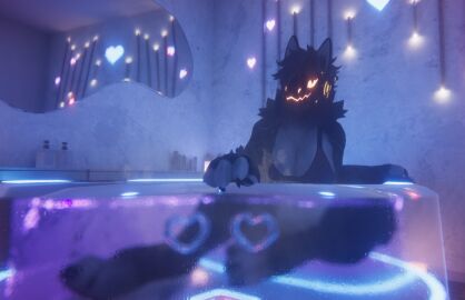 almost_nude bathroom breasts chubby_female female hands_against_glass mamagen protogen_visor sitting_in_water steam swimsuit transparent_bathtub vrchat vrchat_avatar