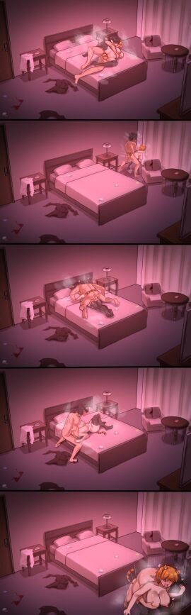 1boy 1girls ass blonde_hair breasts ebora fate/grand_order fate_(series) female fujimaru_ritsuka_(male) highres jaguarman_(fate) kissing kissing_while_penetrated large_ass large_breasts male multiple_positions pussy sex short_hair vaginal_penetration youngmanisdown