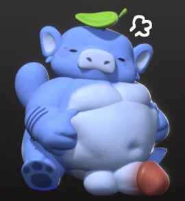 3d 4_fingers anthro arm_hair balls belly_grab big_penis body_hair closed_eyes digital_media_(artwork) discord_(app) fingers genitals leaf leaf_on_head male male_only mammal mouthless naughtygoblinz overweight pawpads penis purple_body sitting solo suid suina wumpus