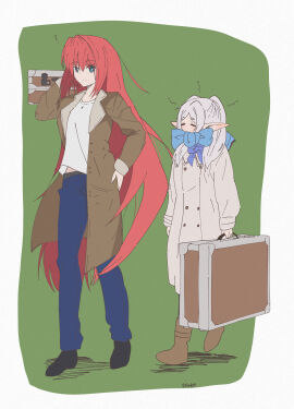 2girls absurdres aozaki_aoko blue_eyes blue_sweater breasts capelet company_connection crossover cut_bangs drop_earrings earrings elf elf_female female female_only frieren glowing glowing_hair hair_intakes highres holding_scale jewelry layered_clothes long_hair mahoutsukai_no_yakusoku meme multiple_females multiple_girls pantyhose purple_pupils red_hair shokobr sousou_no_frieren suitcase sweater tsukihime