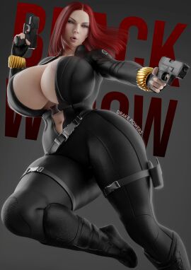3d ass belt big_ass big_breasts big_butt black_widow_(marvel) blender bodysuit breasts breasts_bigger_than_head clothed drakepowers female gradient_background gun huge_breasts marvel marvel_cinematic_universe marvel_comics natasha_romanoff red_hair scarlett_johansson solo superheroine text watermark