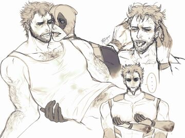 2boys after_kiss arm_hair blush bodysuit bottomless deadpool deadpool_&_wolverine_(2024) gay hairy large_pectorals logan_(x-men) male male_only marvel marvel_cinematic_universe marvel_comics mask monochrome one_eye_closed pectoral_grab pectorals rappelvide short_hair tongue tongue_out wolverine_(x-men) x-men yaoi