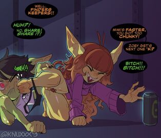 2023 3_toes all_fours annoyed artist_name ass aura barbell_piercing barefoot black_clothing black_hair black_nails black_panties black_underwear blue_aura bottomless bottomless_female brand_parody breasts brown_hair cel_shading clenched_teeth clothed clothing colored_nails competition duo english_text feet female fight fist foot_on_face freckles genitals goblin goblin_female green_body green_skin hair hand_on_ass hand_on_butt humanoid humanoid_pointy_ears inside knuxy long_hair mimi_(knuxy) mischievous_smile monster_energy nails nipple_piercing nipples one_breast_out open_mouth original oversized_clothing oversized_sleeves oversized_sweater oversized_topwear panties panties_down partially_clothed piercing profanity pubes pussy reaching_out red_eyes shaded sharp_teeth short_hair short_stack speech_bubble struggling sweater t-shirt_only talking_to_another teeth text toes topwear topwear_only truck_(vehicle) underwear underwear_down vehicle zoey_(knuxy)