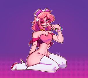 2024 ;) belly_button boots boots_only bottomless bracelet cape chocker choker headphones heart_symbol high_heel_boots long_hair mask masked miss_heed_(villainous) pink_eyes pink_hair pink_skin simple_background slimeygirluwu villainous