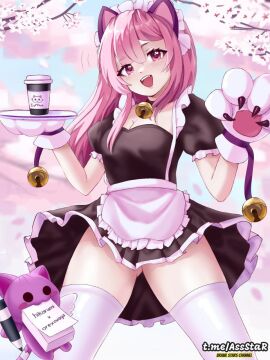 1girls animal_ears big_thighs brawl_stars breasts colette_(brawl_stars) collar dress female front_view handwear hikarumii hips kemonomimi light_skin long_hair maid maid_uniform open_mouth orexovayapasta_(artist) paw_gloves paws pink_eyes pink_hair pinku_pawlette smile thighhighs tongue
