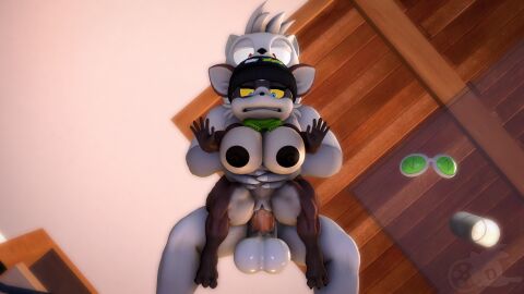 3d adam_(juicyducksfm) anthro balls beanie big_balls big_breasts big_penis blue_eyes bodily_fluids bottom_view breasts brown_body brown_fur bytes_(character) canid canine canis clenched_teeth clothing digital_media_(artwork) doggy_style duo eyewear fan_character female from_behind_position fur furniture genital_fluids genitals goggles grey_body grey_fur hand_on_leg hand_on_thigh hat headgear headwear hi_res holding_another inside juicyducksfm lamp looking_at_another looking_down male male/female mammal muscular muscular_anthro muscular_male on_ground penetration penis procyonid pussy raccoon red_eyes scarf sega sex size_difference sofa sonic_(series) sonic_the_hedgehog_(series) source_filmmaker_(artwork) standing table teeth vaginal_fluids vaginal_penetration white_body white_fur wolf