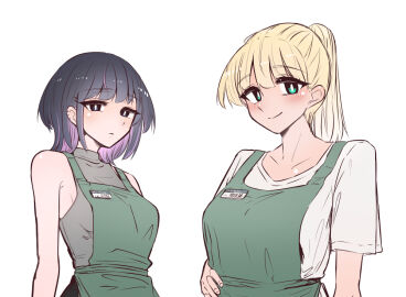 2girls apron arms bernin blonde_hair blush blush_lines clothed colored colored_inner_hair dark_hair ear_piercing expressionless female female_only green_apron green_eyes image_set looking_at_viewer matilda_(bernin) multicolored_hair name_tag original original_character original_characters pale-skinned_female pale_skin pink_hair saki_(bernin) shoulders simple_background slave_market sleeveless sleeveless_shirt smile tshirt white_background white_shirt