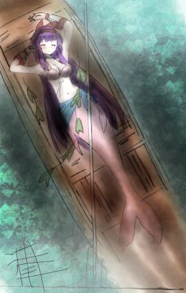 1girls armpits arms_up big_breasts bikini bikini_top_only blush boat breasts busty cleavage closed_eyes female female_only fingerless_gloves gloves hair_ribbon highres jewelry king_of_fighters large_breasts long_hair lying merfolk mermaid monster_girl nakoruru navel necklace parted_lips pink_bikini pink_lips purple_hair ribbon samurai_shodown sarong sideboob sleeping snk solo swimsuit traditional_media very_long_hair voluptuous water watercraft weapon