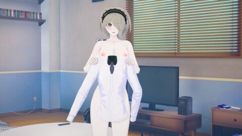 3d big_breasts blush breasts completely_nude danganronpa danganronpa_v3 female green_hair hair_over_one_eye headdress holding_object holding_shirt koikatsu maid_headdress nipples nude open_mouth shirt short_hair standing tagme toujou_kirumi